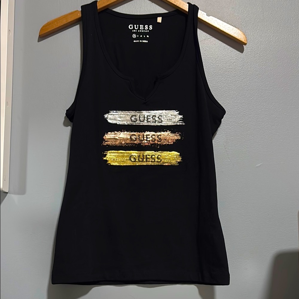 Guess Black Sleeveless Tank Top with Metallic Graphic